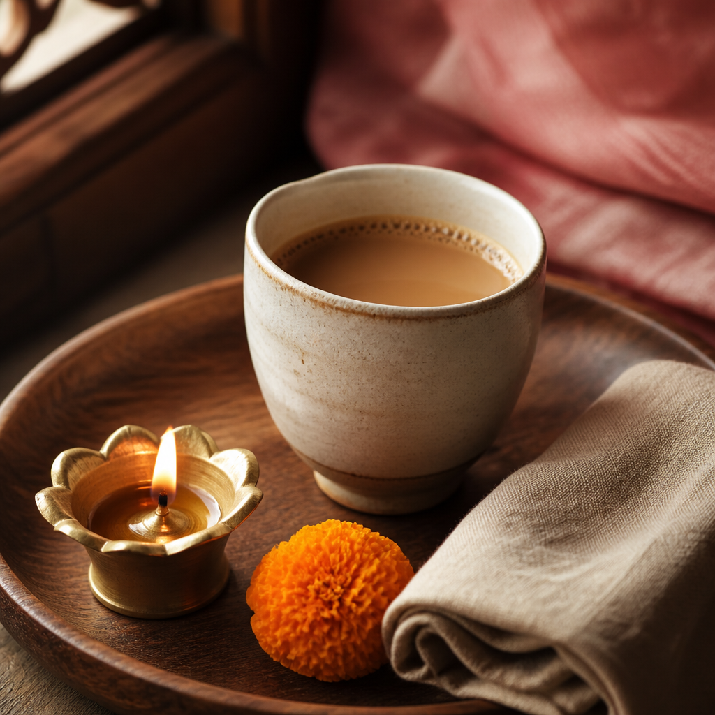 A welcome cup of chai beside a small glowing lamp