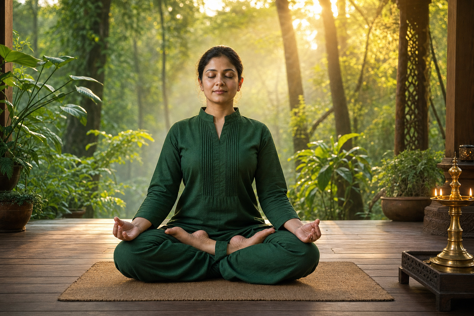 A woman practising calm seated meditation in a sunlit natural studio