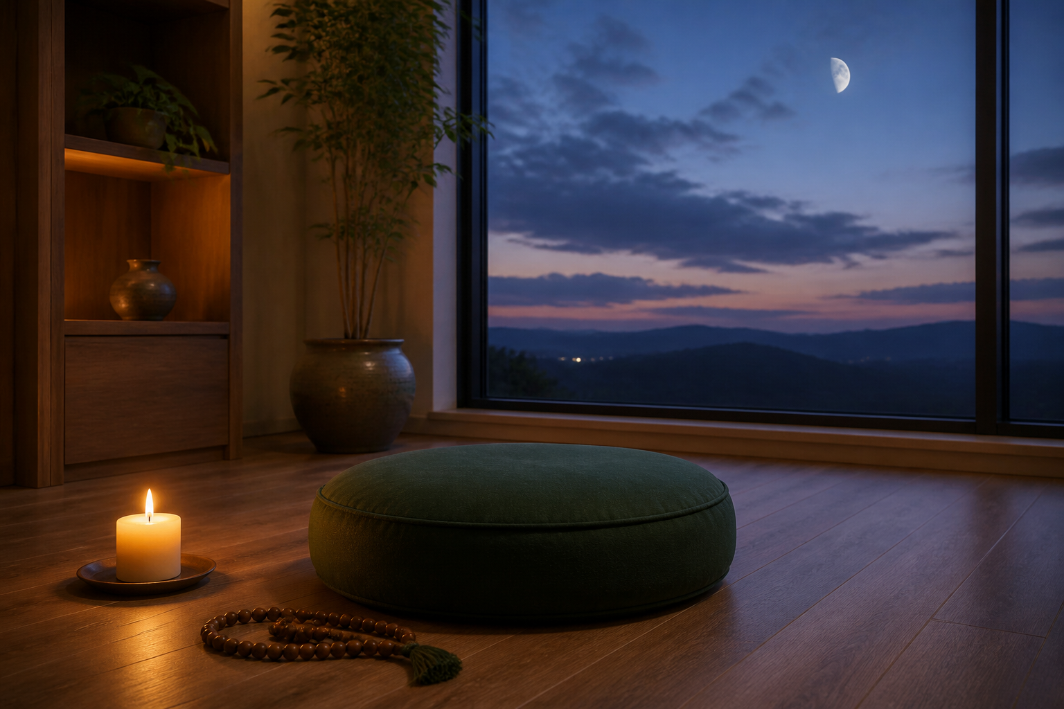 An empty meditation cushion by a window at dusk