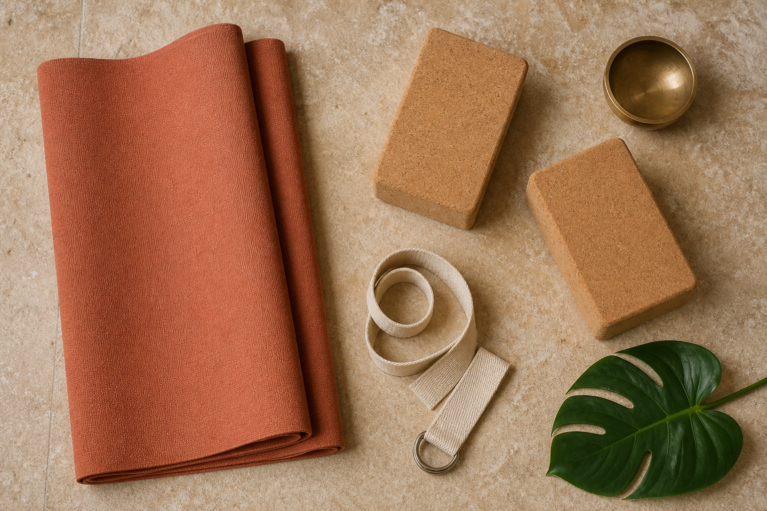 Yoga mat and props on a sunlit terrace